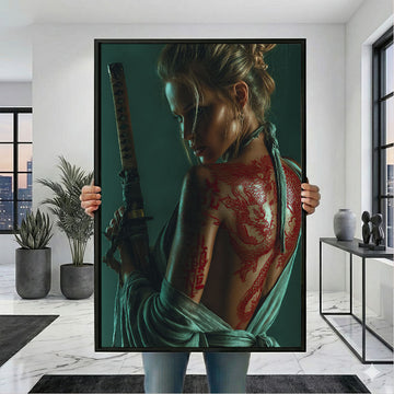 Enchanting Samurai Woman With Red Dragon Tattoo Canvas Wall Art