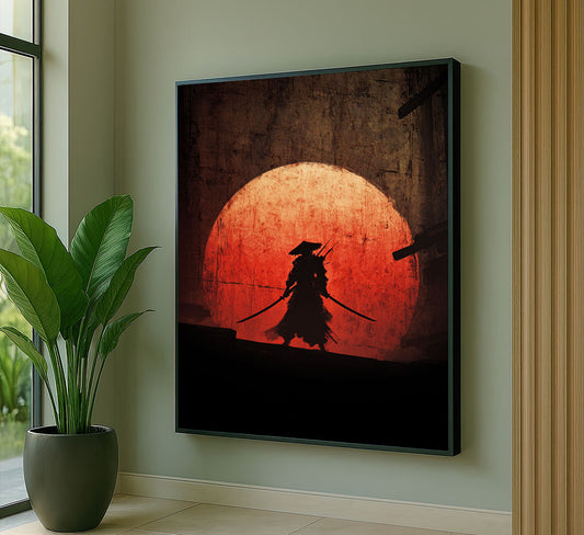 Dramatic Samurai Silhouette Against Fiery Sun Canvas Wall Art