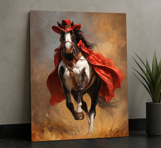 Dramatic Black And White Horse In Red Cape Canvas Wall Art
