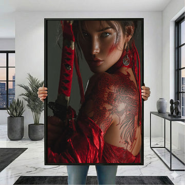 Captivating Samurai Woman With Red Tattoo Canvas Wall Art