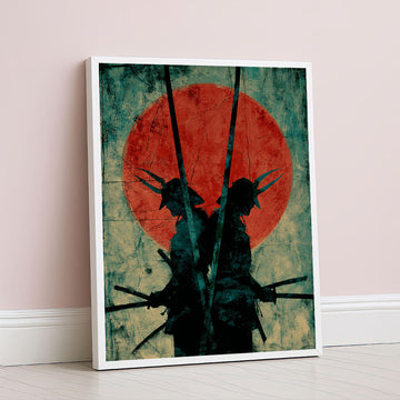 Dramatic Samurai Silhouettes Against Red Sun Canvas Wall Art