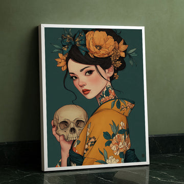 Enchanting Woman With Skull And Floral Kimono Canvas Wall Art