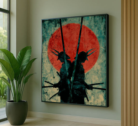 Dramatic Samurai Silhouettes Against Red Sun Canvas Wall Art
