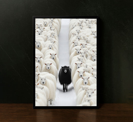 Striking Black Sheep Among White Flock Canvas Wall Art