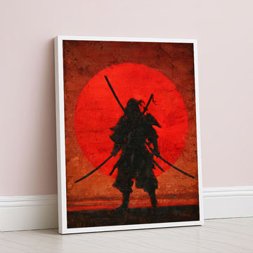 Striking Samurai Silhouette Against Red Sun Canvas Wall Art