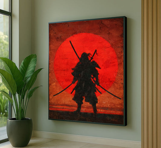 Striking Samurai Silhouette Against Red Sun Canvas Wall Art