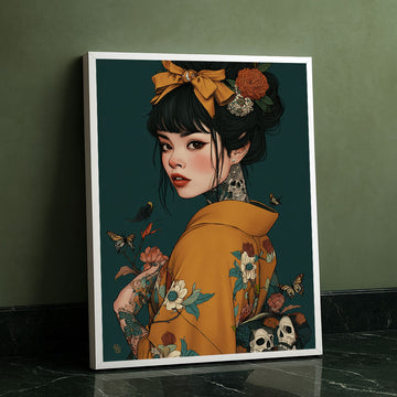 Enchanting Tattooed Woman In Floral Kimono Canvas Wall Art