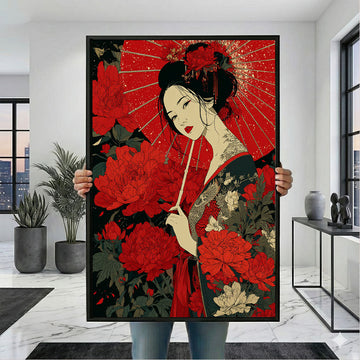 Enchanting Geisha With Red Umbrella Canvas Wall Art
