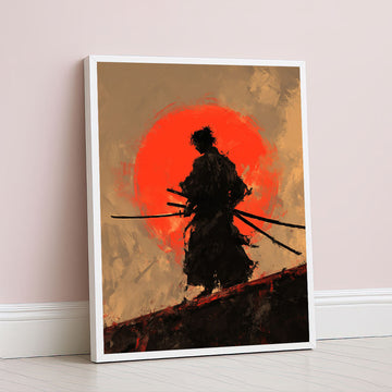 Dramatic Samurai Silhouette With Red Sun Canvas Wall Art