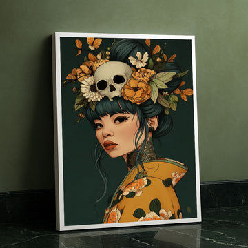 Captivating Woman With Floral Skull Headdress Canvas Wall Art