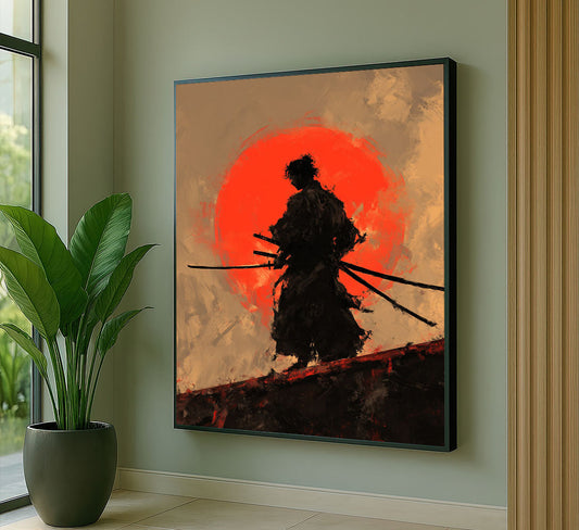 Dramatic Samurai Silhouette With Red Sun Canvas Wall Art