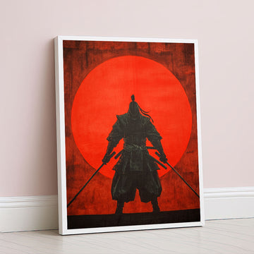 Dramatic Samurai Warrior Silhouette With Red Sun Canvas Wall Art