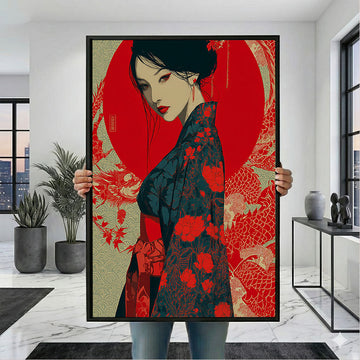Enchanting Woman In Red Floral Kimono Canvas Wall Art