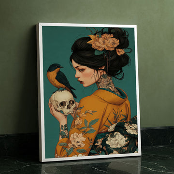 Enchanting Tattooed Woman With Bird And Skull Canvas Wall Art