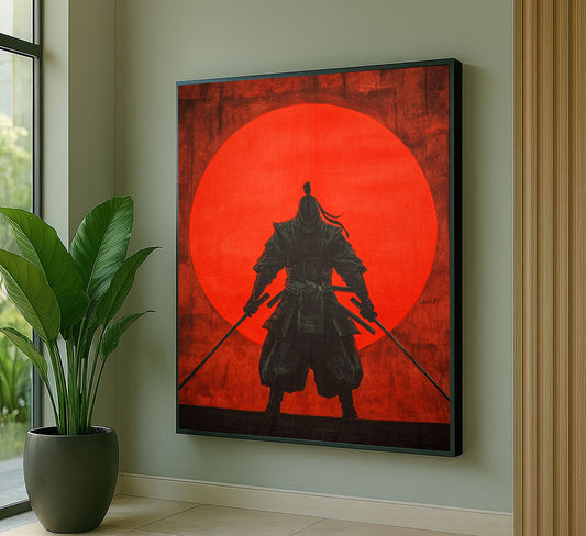 Dramatic Samurai Warrior Silhouette With Red Sun Canvas Wall Art