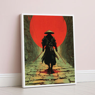 Dramatic Samurai Warrior With Red Sun Canvas Wall Art