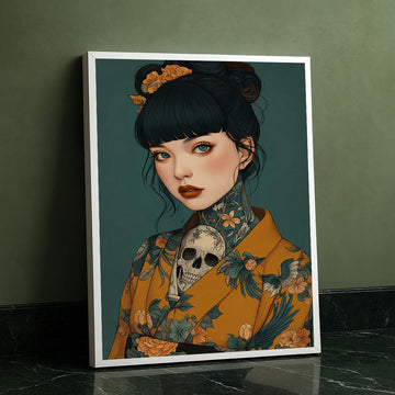 Enchanting Tattooed Woman In Floral Kimono Canvas Wall Art