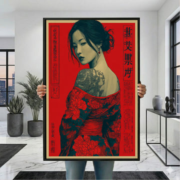 Captivating Tattooed Woman In Red Floral Kimono Canvas Wall Art