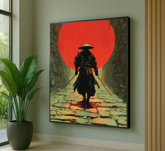 Dramatic Samurai Warrior With Red Sun Canvas Wall Art