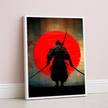 Dramatic Samurai Silhouette With Red Sun Canvas Wall Art