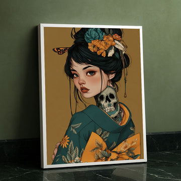 Enchanting Geisha Woman With Floral Skull Canvas Wall Art