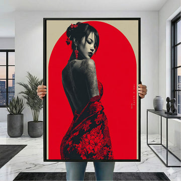 Captivating Tattooed Woman In Red Floral Dress Canvas Wall Art