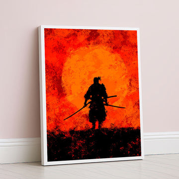 Dramatic Samurai Silhouette Against Fiery Sunset Canvas Wall Art