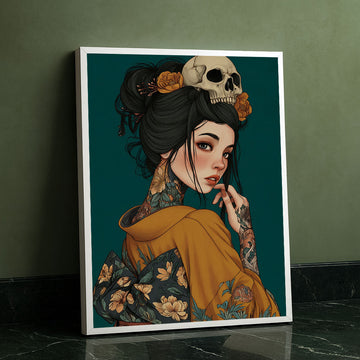 Enchanting Tattooed Woman With Skull Headpiece Canvas Wall Art