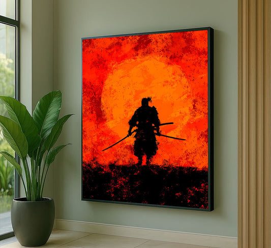 Dramatic Samurai Silhouette Against Fiery Sunset Canvas Wall Art