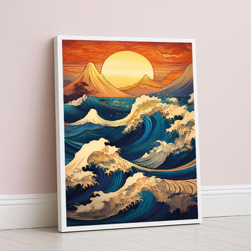 Dramatic Ocean Waves And Sunset Mountain Canvas Wall Art