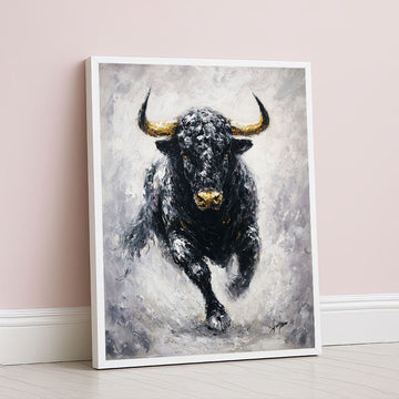 Dynamic Black Bull Charging Forward Canvas Wall Art