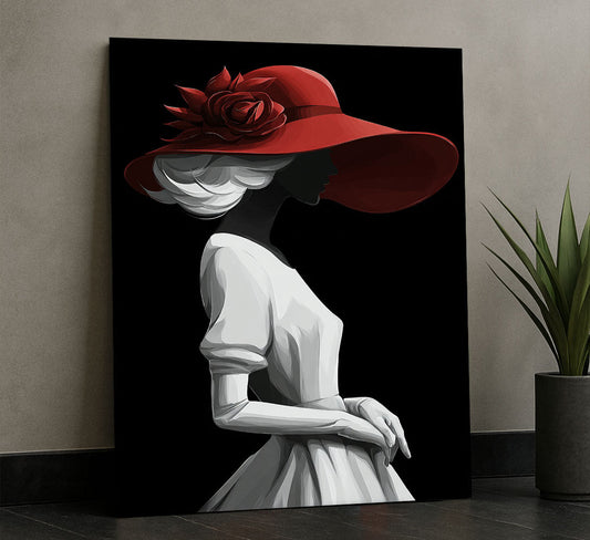 Elegant Woman In Red Hat And White Dress Canvas Wall Art