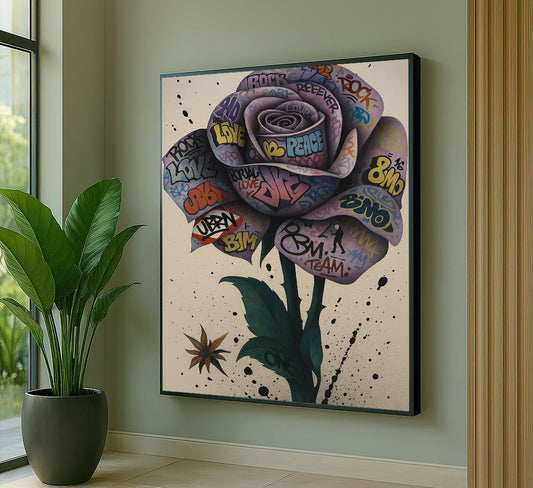 Graffiti Style Urban Rose Canvas Wall Art With Typography