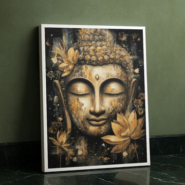 Serene Buddha With Golden Lotus Flowers Canvas Wall Art