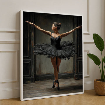 Elegant Ballerina In Black Swan Pose Canvas Wall Art