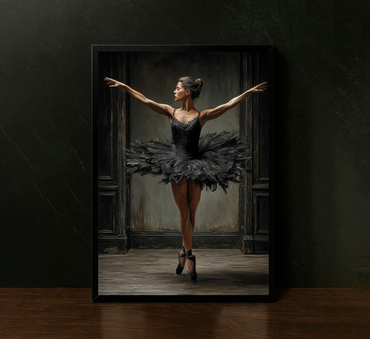 Elegant Ballerina In Black Swan Pose Canvas Wall Art