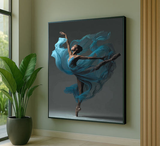 Graceful Ballerina In Flowing Blue Dress Canvas Wall Art