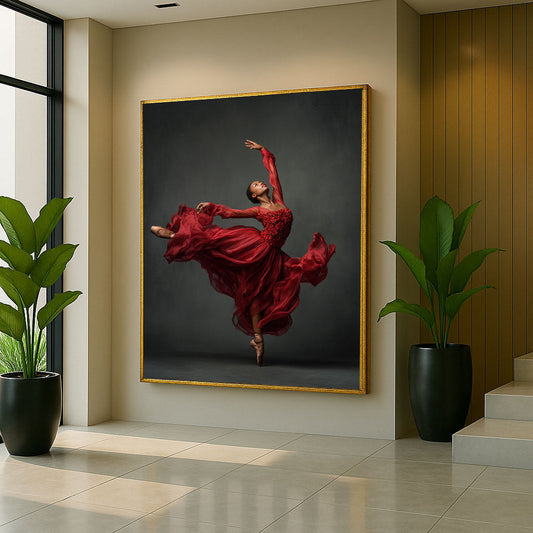 Elegant Ballerina In Flowing Red Dress Canvas Wall Art