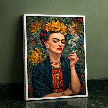 Vibrant Woman With Floral Crown Smoking Canvas Wall Art