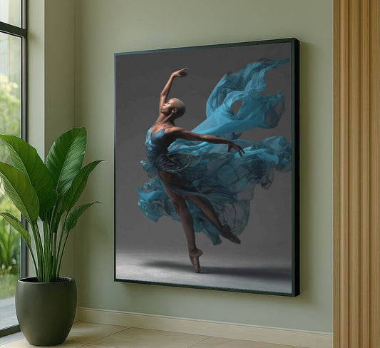 Graceful Ballerina In Flowing Blue Dress Canvas Wall Art