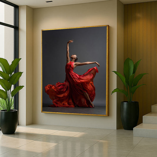 Elegant Dancer In Flowing Red Gown Canvas Wall Art