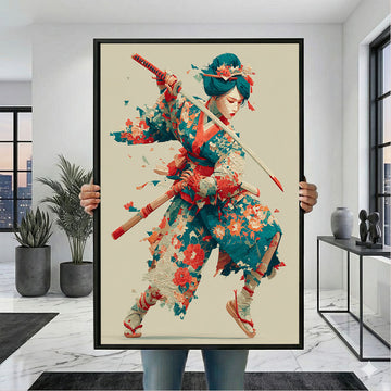 Enchanting Samurai Woman With Floral Kimono Canvas Wall Art
