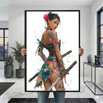 Captivating Samurai Woman With Floral Tattoos Canvas Wall Art