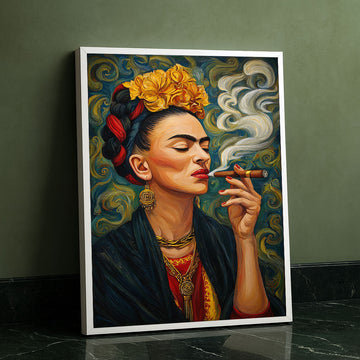 Bold Woman With Flowers Smoking Cigar Canvas Wall Art