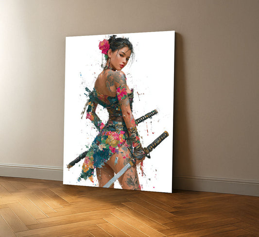 Captivating Samurai Woman With Floral Tattoos Canvas Wall Art