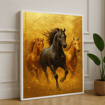 Majestic Black Stallion And Golden Horses Canvas Wall Art