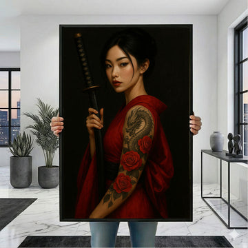Bold Samurai Woman with Dragon Tattoo Canvas Wall Art Print | Red and Black Living Room Decor | Statement Piece