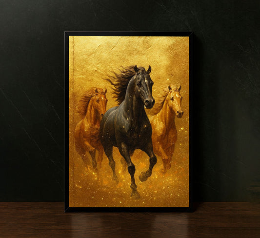 Majestic Black Stallion And Golden Horses Canvas Wall Art