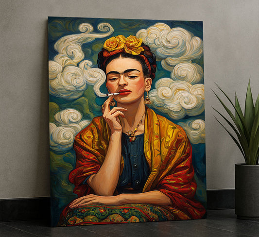 Bold Woman With Yellow Roses Smoking Canvas Wall Art