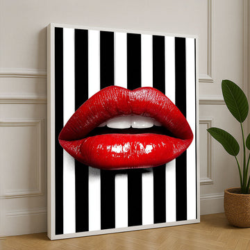 Bold Red Lips On Black And White Stripes Canvas Wall Art